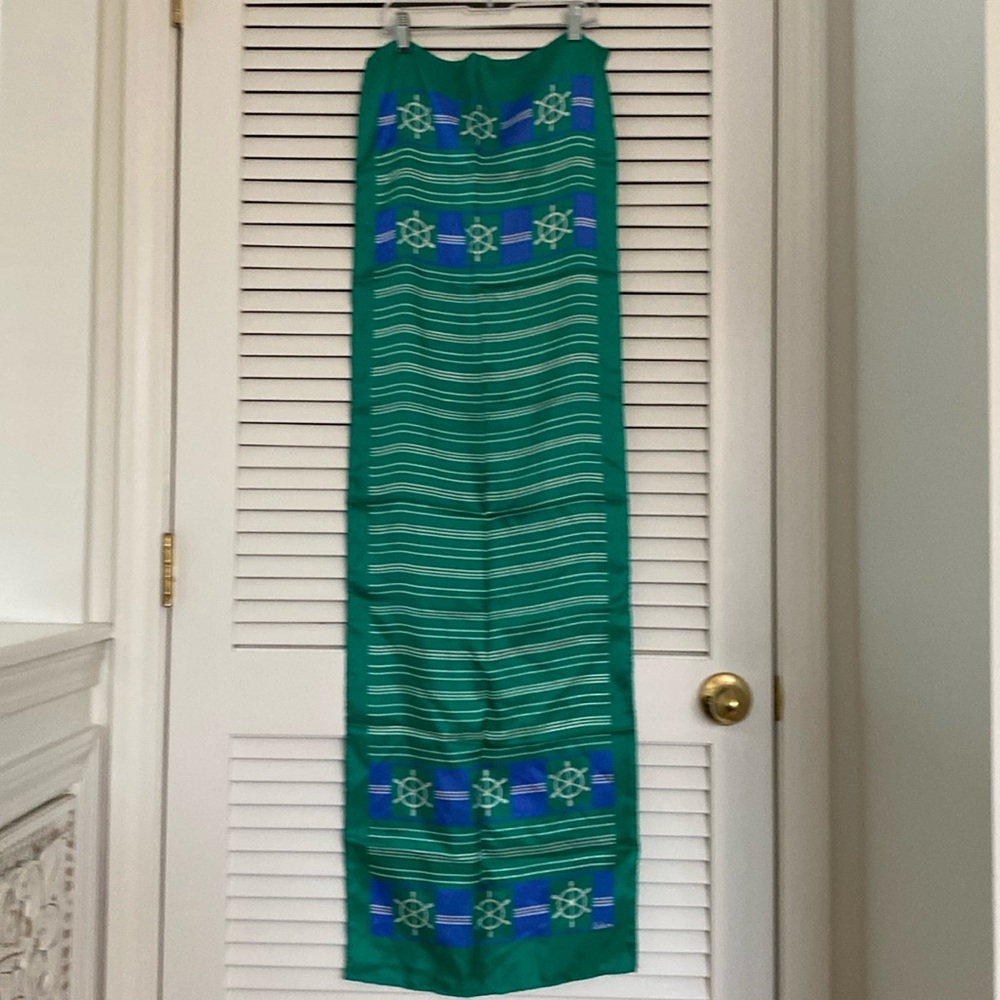 ECHO NAUTICAL 100% Silk Scarf. Green/White Stripes. Made in Japan.